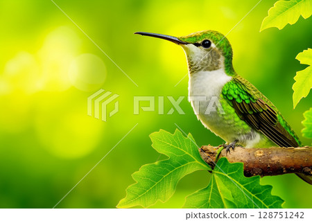 A green bird sitting on top of a tree branch 128751242