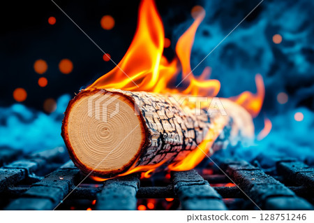 A log on a grill with flames coming out of it 128751246