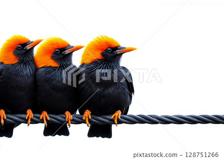 Three birds sitting on a wire 128751266