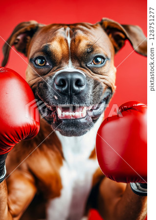 A dog wearing red boxing gloves on a red background 128751277