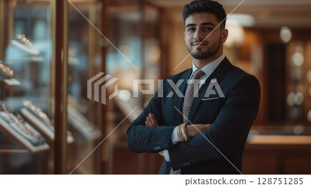 Professional portrait of confident young Middle Eastern businessman in luxury retail environment. Successful executive wearing tailored suit and designer accessories with modern corporate interior Professional portrait of confident young Middle Eastern businessman in luxury retail environment. Successful executive wearing tailored suit and designer accessories with modern corporate interior 128751285