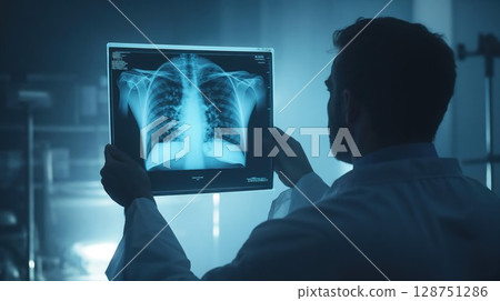doctor examines a chest X-ray under a cool blue light, symbolizing healthcare, diagnostics, and the precision of modern medical technology in a clinical environment doctor examines a chest X-ray under a cool blue light, symbolizing healthcare, diagnostics, and the precision of modern medical technology in a clinical environment 128751286
