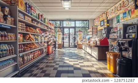 brightly lit convenience store filled with colorful shelves of food, snacks, and drinks, reflecting modern retail, accessibility, and daily life essentials brightly lit convenience store filled with colorful shelves of food, snacks, and drinks, reflecting modern retail, accessibility, and daily life essentials 128751287