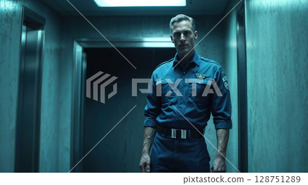 police officer stands in a dimly lit hallway, symbolizing authority, vigilance, and dedication while creating a suspenseful atmosphere in a secure environment police officer stands in a dimly lit hallway, symbolizing authority, vigilance, and dedication while creating a suspenseful atmosphere in a secure environment 128751289