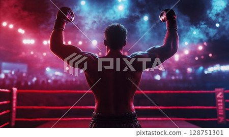 victorious boxer stands in the ring under dramatic lights, raising arms in triumph, showcasing strength, determination, and the thrill of competition 128751301
