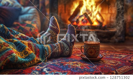 Cozy woolen socks rest by a steaming cup of coffee on a colorful carpet, with a warm fire glowing in the background, evoking relaxation, warmth, and rustic charm in winter Cozy woolen socks rest by a steaming cup of coffee on a colorful carpet, with a warm fire glowing in the background, evoking relaxation, warmth, and rustic charm in winter 128751302