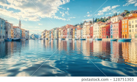 serene coastal village with colorful houses reflecting on calm waters under a bright blue sky, exuding charm, tranquility, and picturesque Mediterranean allure 128751303