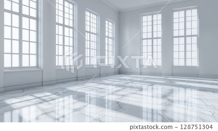 minimalist interior space with large, sunlit windows casting soft shadows on gleaming marble floors, exuding elegance, spaciousness, and modern architectural design 128751304