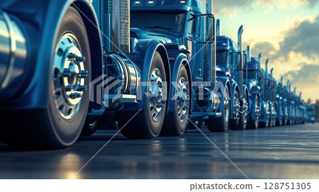 fleet of shiny blue semi-trucks lined up under a clear sky, highlighting transportation, logistics, and powerful automotive engineering 128751305