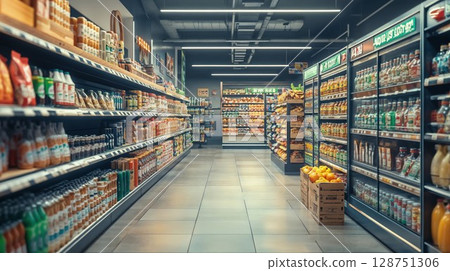 bright, organized grocery aisle filled with fresh produce, beverages, and packaged goods, representing convenience and variety in modern supermarkets 128751306