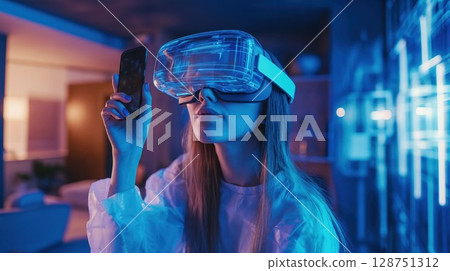 Woman immersed in virtual reality, wearing futuristic VR goggles in a neon-lit room, representing cutting-edge technology and immersive digital experiences 128751312