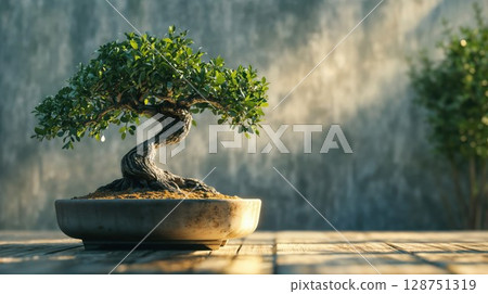 beautifully shaped bonsai tree in a minimalist pot, basking in soft sunlight on a wooden surface, symbolizing serenity, nature, and artful cultivation beautifully shaped bonsai tree in a minimalist pot, basking in soft sunlight on a wooden surface, symbolizing serenity, nature, and artful cultivation 128751319