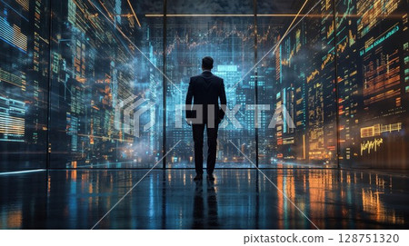 businessman stands in a futuristic cityscape filled with glowing data displays and skyscrapers, reflecting technological advancement, ambition, and innovation businessman stands in a futuristic cityscape filled with glowing data displays and skyscrapers, reflecting technological advancement, ambition, and innovation 128751320