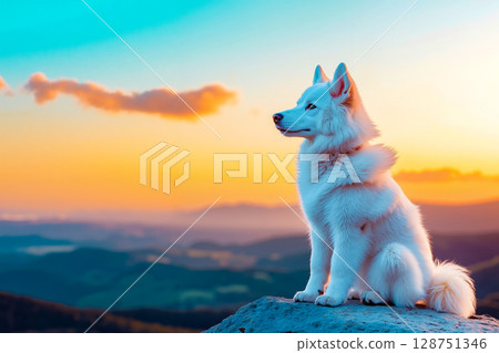 A white dog sitting on top of a rock looking out over a mountain A white dog sitting on top of a rock looking out over a mountain 128751346