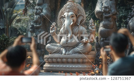 White marble Ganesha statue with intricate crown and ornamental details displayed in garden setting. Tourists photographing iconic Hindu deity sculpture with smartphones, creating cultural moment 128751367
