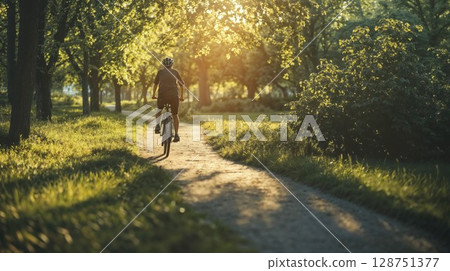 Cyclist riding along sunlit forest trail during golden hour. Serene outdoor recreation scene capturing active lifestyle and natural environment with atmospheric lighting 128751377