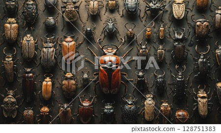 Collection of various beetles arranged on dark background. Scientific specimen display showing diversity of insect species with natural patterns 128751383