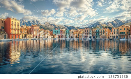 Buildings reflect in water with mountains in the background 128751386