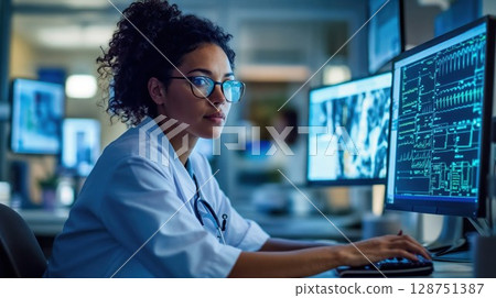 A Focused Female Medical Professional Diligently Analyzing Critical Data on Multiple Screens A Focused Female Medical Professional Diligently Analyzing Critical Data on Multiple Screens 128751387