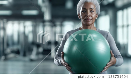 Confident mature woman holding exercise ball in modern fitness center. Senior athlete maintaining active lifestyle with gym workout equipment against blurred contemporary training facility background Confident mature woman holding exercise ball in modern fitness center. Senior athlete maintaining active lifestyle with gym workout equipment against blurred contemporary training facility background 128751404