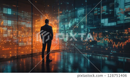 Businessman silhouetted against futuristic data visualization wall displaying market analytics. Modern office interior with dramatic orange and blue digital interface projections reflecting corporate Businessman silhouetted against futuristic data visualization wall displaying market analytics. Modern office interior with dramatic orange and blue digital interface projections reflecting corporate 128751406