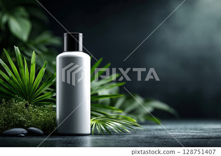 A white bottle sitting on top of a table next to a plant A white bottle sitting on top of a table next to a plant 128751407