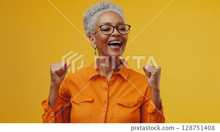 Joyful mature woman with natural grey hair and glasses celebrating success against yellow background. Vibrant orange shirt and winning gesture capture authentic moment of achievement 128751408