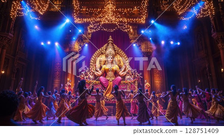 Spectacular theatrical performance featuring ornate Hindu deity statue and dancers in colorful costumes under dramatic blue stage lighting. Combines traditional cultural elements 128751409