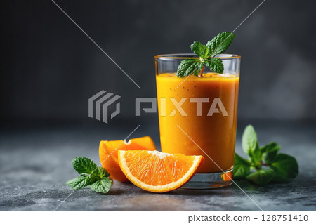 A glass of orange juice with a slice of orange next to it 128751410