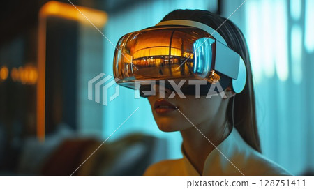 A woman is wearing a virtual reality headset for an immersive experience 128751411
