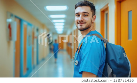 Young male medical student smiling in hospital hallway. Candid portrait of healthcare professional in scrubs with stethoscope and backpack Young male medical student smiling in hospital hallway. Candid portrait of healthcare professional in scrubs with stethoscope and backpack 128751436