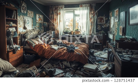Messy teenager bedroom with unmade bed and cluttered floor covered in papers and books. Artistic chaos in living space with teal walls, vintage furniture and natural light from window 128751437