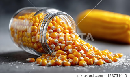 A glass jar filled with corn spilling out of it 128751443