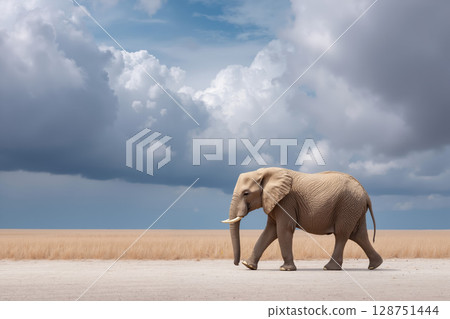 An elephant walking across a dry grass field under a cloudy sky 128751444