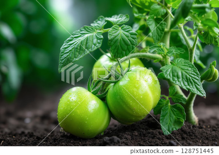 A bunch of green tomatoes growing on a plant in a garden 128751445