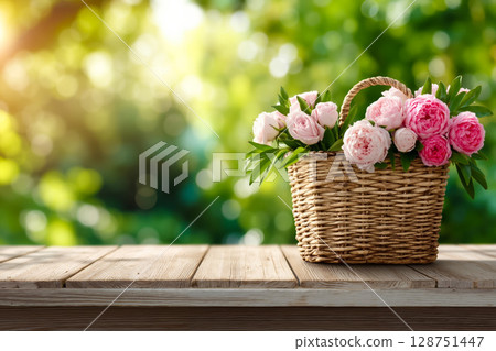 A basket full of pink flowers sitting on a wooden table 128751447
