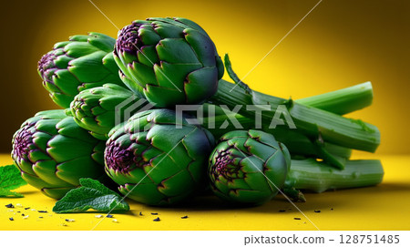 A bunch of artichokes sitting on top of a yellow table 128751485