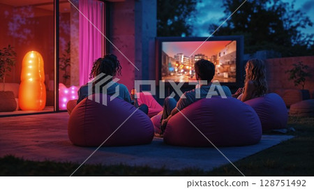 Friends enjoying outdoor movie night on bean bags, illuminated by neon ambient lighting. Large screen displays cityscape while cozy purple seating and decorative lamps create perfect entertainment 128751492