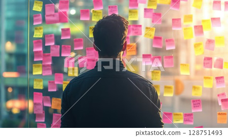 Businessman analyzing strategy board with colorful sticky notes in modern office. Project management and business planning concept with pink and yellow post-it notes on glass wall 128751493
