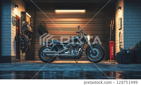Classic black motorcycle parked in industrial garage with dramatic lighting. Vintage custom bike against metal door with warm evening illumination and urban workshop atmosphere 128751499