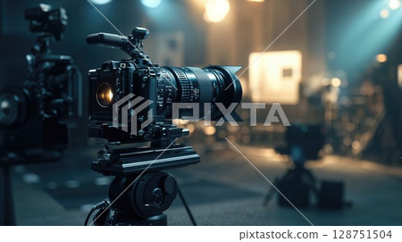 Professional cinema camera mounted on tripod in dimly lit studio setting. High-end filmmaking equipment with telephoto lens captured with atmospheric lighting and shallow depth of field 128751504