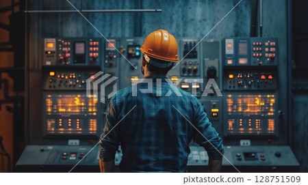 Industrial engineer monitoring control room with illuminated display panels. Technology specialist working at power plant or manufacturing facility command center with modern equipment 128751509