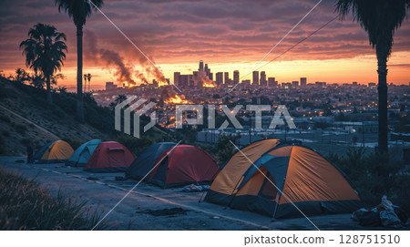 Homeless encampment with tents overlooking Los Angeles skyline at dramatic sunset. Urban social crisis depicted through contrast of emergency shelter against burning city landscape Homeless encampment with tents overlooking Los Angeles skyline at dramatic sunset. Urban social crisis depicted through contrast of emergency shelter against burning city landscape 128751510