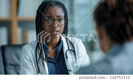 A doctor with a stethoscope is talking to a patient 128751512