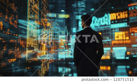 Businessman observing digital market data on futuristic display wall with neon lighting. Modern financial technology concept capturing global trading visualization in cyberpunk atmosphere 128751513