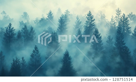 Mystical pine forest shrouded in morning mist creating ethereal atmosphere. Atmospheric landscape with evergreen trees emerging through dense fog in dreamy natural setting 128751514