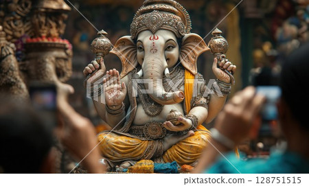 Ganesha statue decorated with traditional Hindu symbols and jewelry. Detailed religious artwork capturing spiritual deity with intricate metalwork and ceremonial elements 128751515