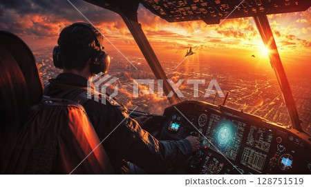 Military pilot in cockpit at sunset with dramatic orange sky and city view below. Modern aviation technology and fighter jets silhouetted against dramatic cloudscape 128751519