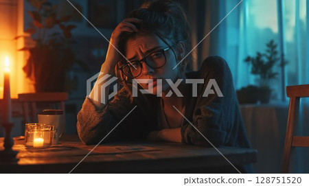 Young woman with glasses in moody evening lighting, looking stressed with hand on head. Atmospheric portrait capturing emotional exhaustion by candlelight 128751520