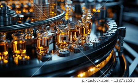 Automated pharmaceutical manufacturing line with illuminated amber vials. Industrial production equipment showcasing precision technology in medicine production 128751523
